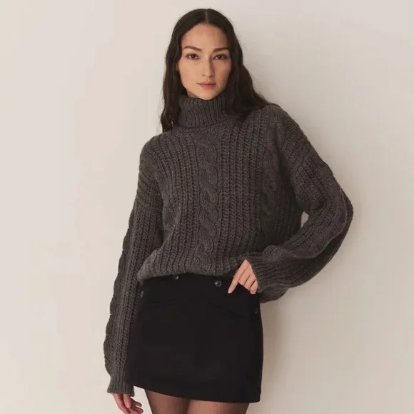 Doen Leighton Merino Wool Cable Knit Turtle Mock Neck Sweater Dark Grey - Picture 2 of 10